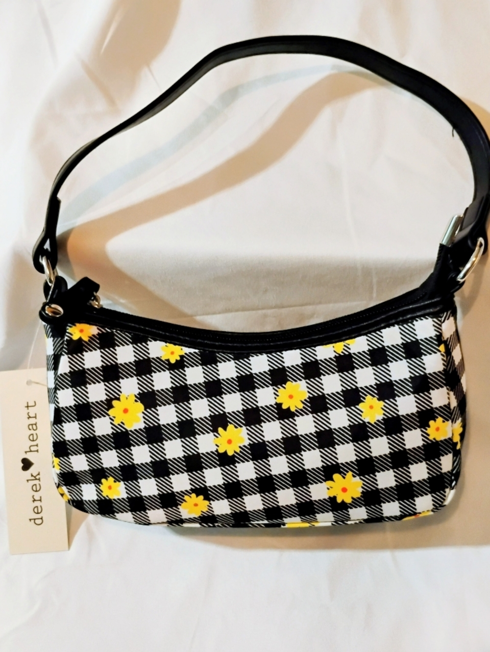 Derek Heart Black & White Gingham Shoulder Bag with Yellow Floral Accents